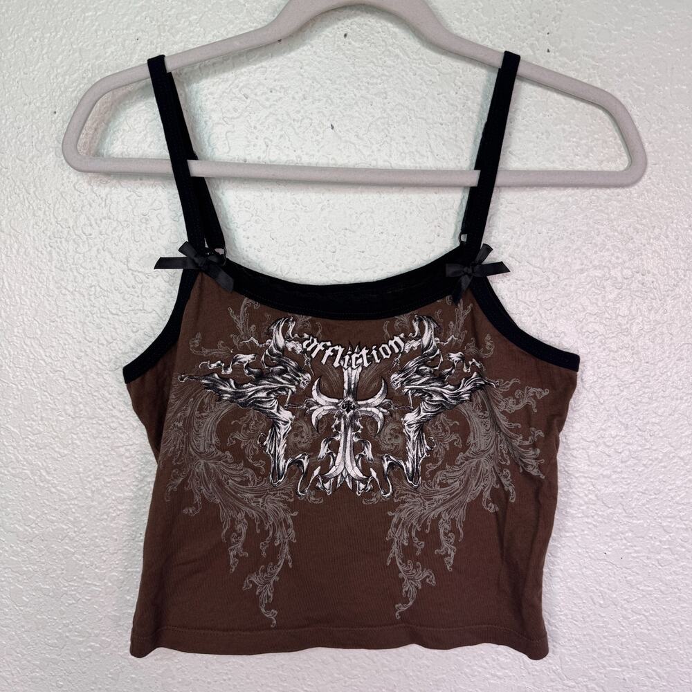 Affliction Tank Top Womens Small Y2K Cross Skull Graphic Cami Lace Trim Grunge